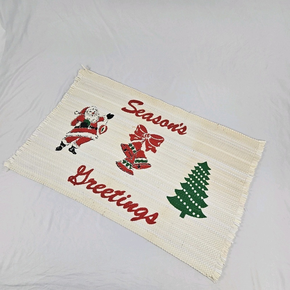 Vintage Retro Christmas Rug Mat Santa Seasons Greetings Decor Woven MCM - Picture 3 of 10